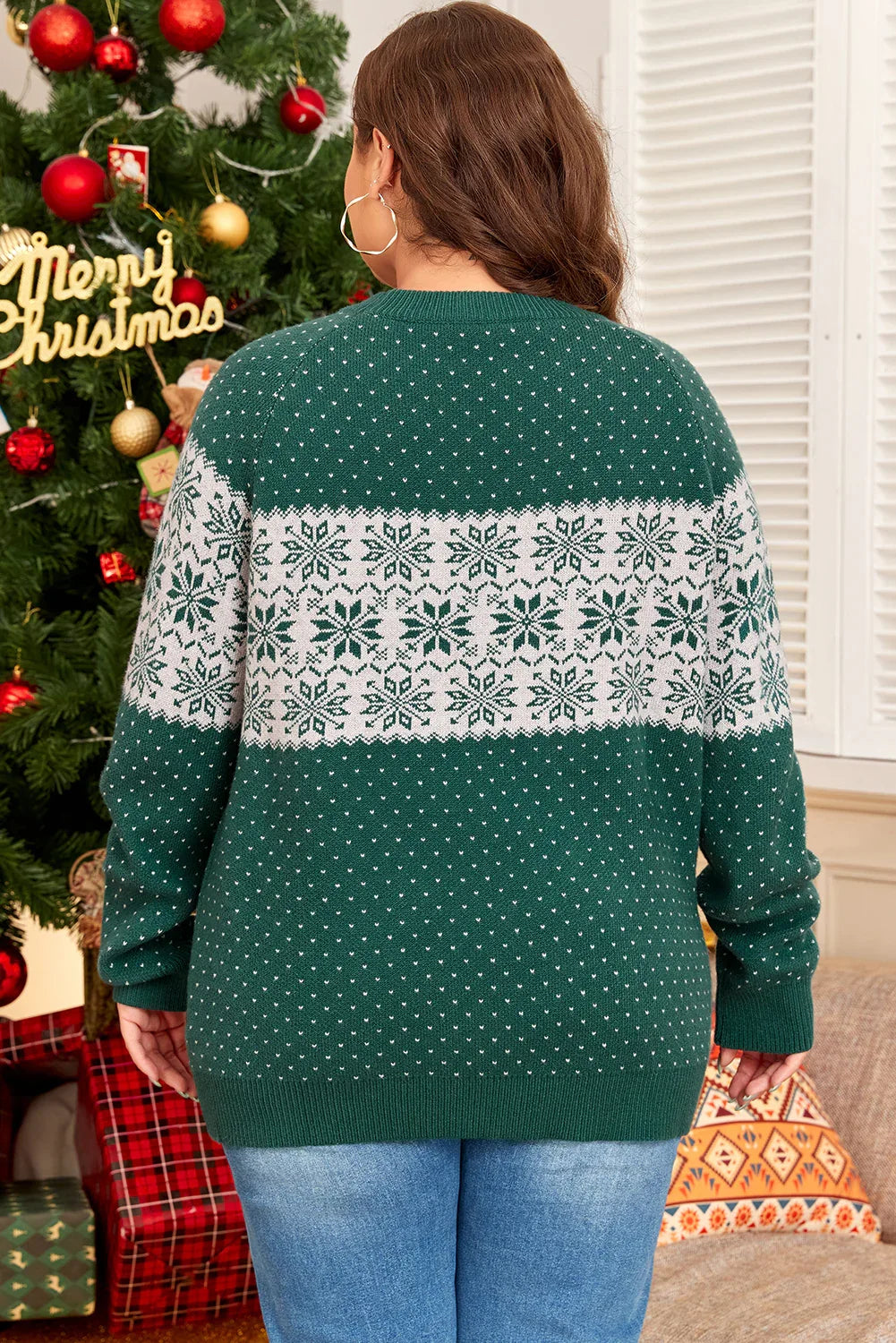 Green Snowflake Pattern Drop Shoulder Sweater Bazaare Mart Plus Size Sweaters