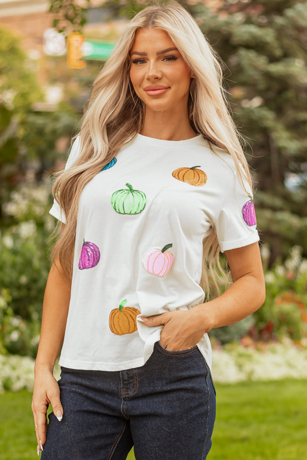 White Sequin Pumpkin Patched Cotton Blend T Shirt