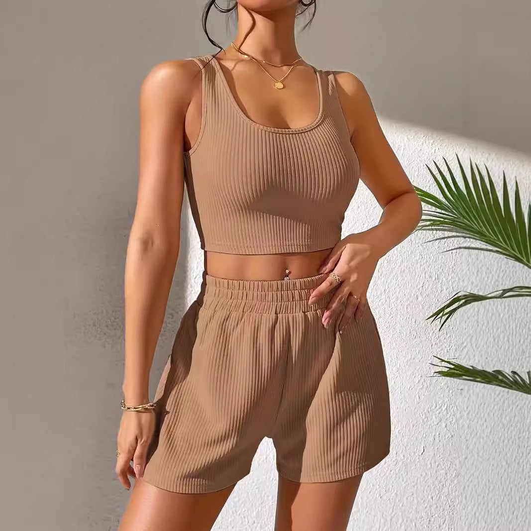 Casual Ribbed Solid Color Aerobics Set CJ Dropshipping Solid Color Workout Shorts Set