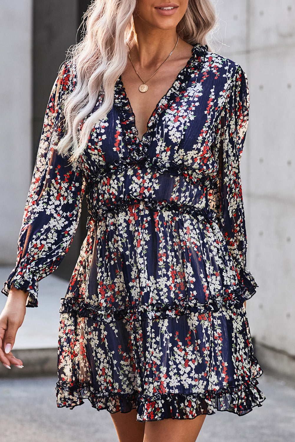 Navy Floral V-Neck Long Sleeve Open Back Mini Dress