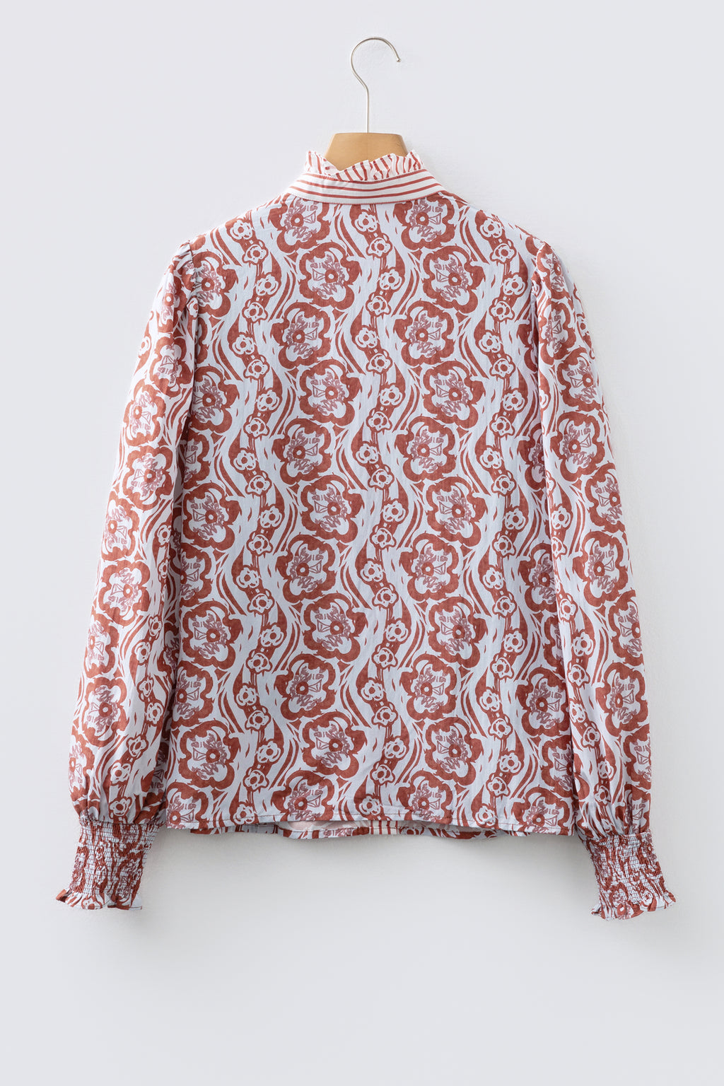 Floral Frilled Stripe Trim Button Long Sleeve Blouse