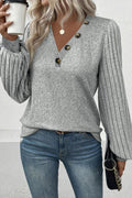 Gray Contrast Ribbed Bishop Sleeve Top Light Grey 95%Polyester+5%Elastane Dear-Lover Tops