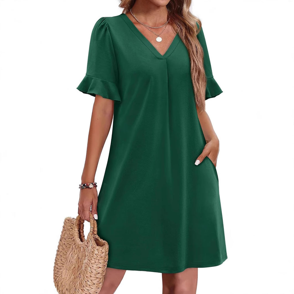 Casual V-neck Ruffled Half Sleeve Dress