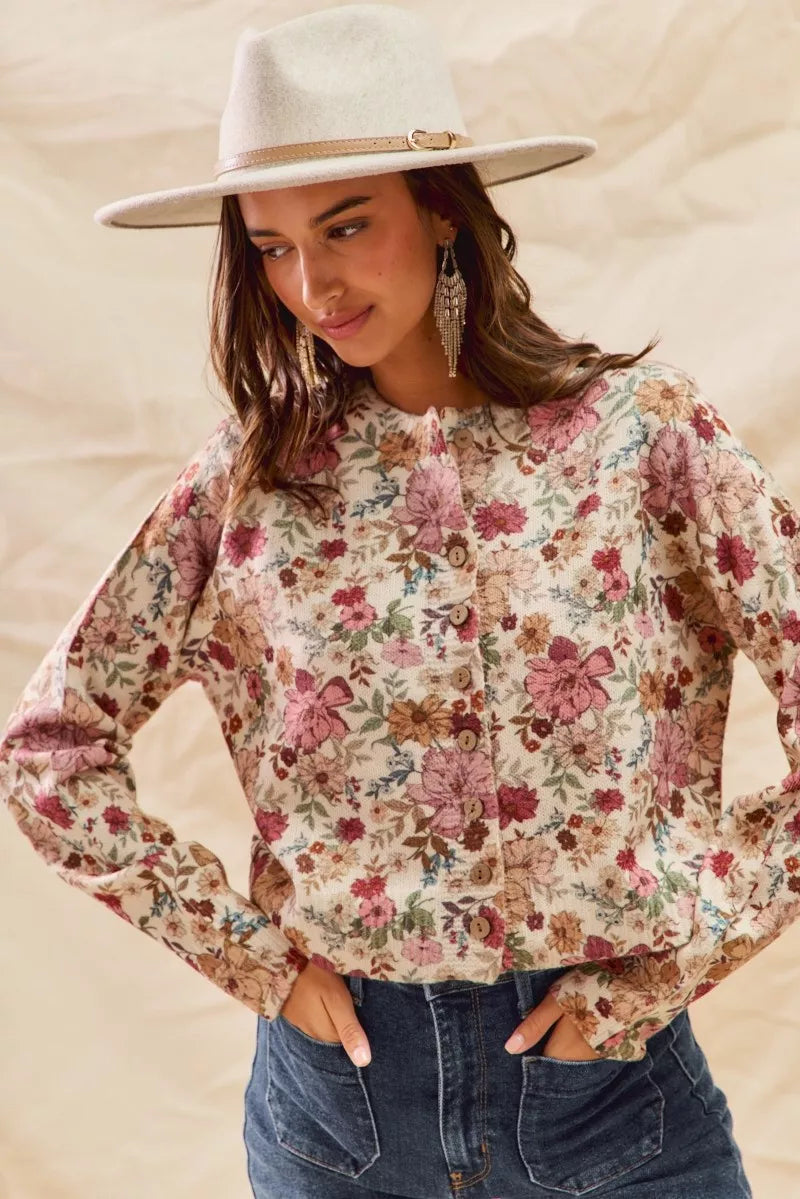 Beige Rose Cardigan Bazaare Mart SO ME Floral Print Button Front Sweater