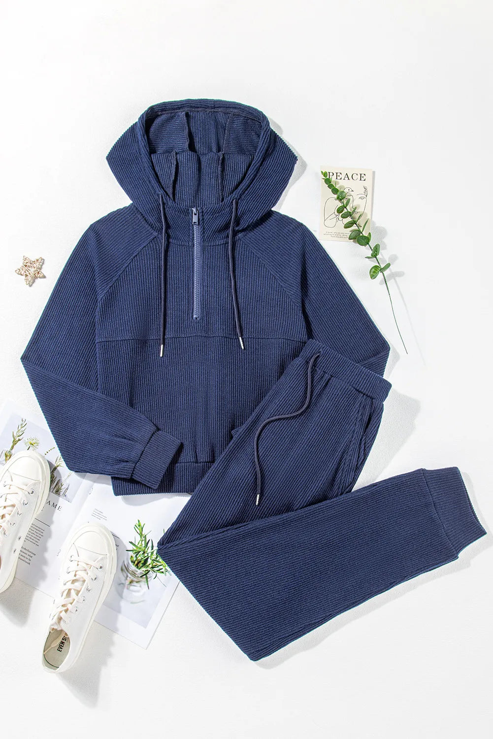 Drawstring Half Zip Hoodie and Joggers Set