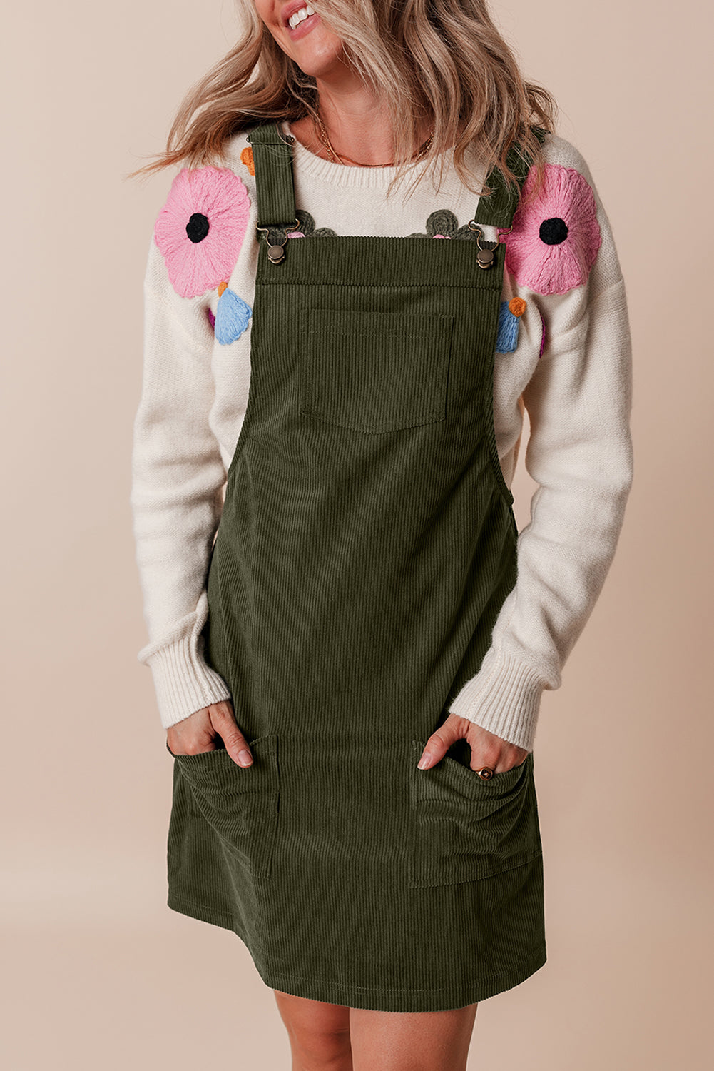 Army Green Corduroy Overall Dress