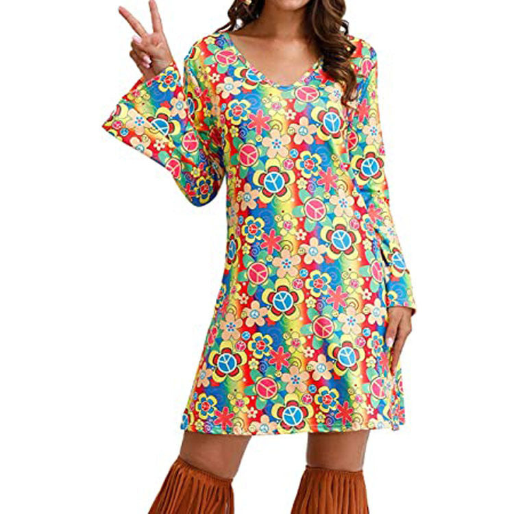 Retro ’70s Hippie Print A-Line Mini Dress Rainbow Color CJ Dropshipping Long Sleeve Hippie Dress