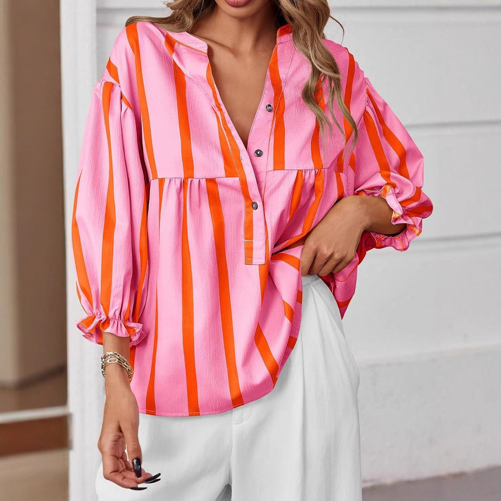 Women’s Striped Puff Sleeve Blouse – Loose Fit 3/4 Sleeve Half Button Top CJ Dropshipping Wide Vertical Stripe 3/4 Sleeve Shirt