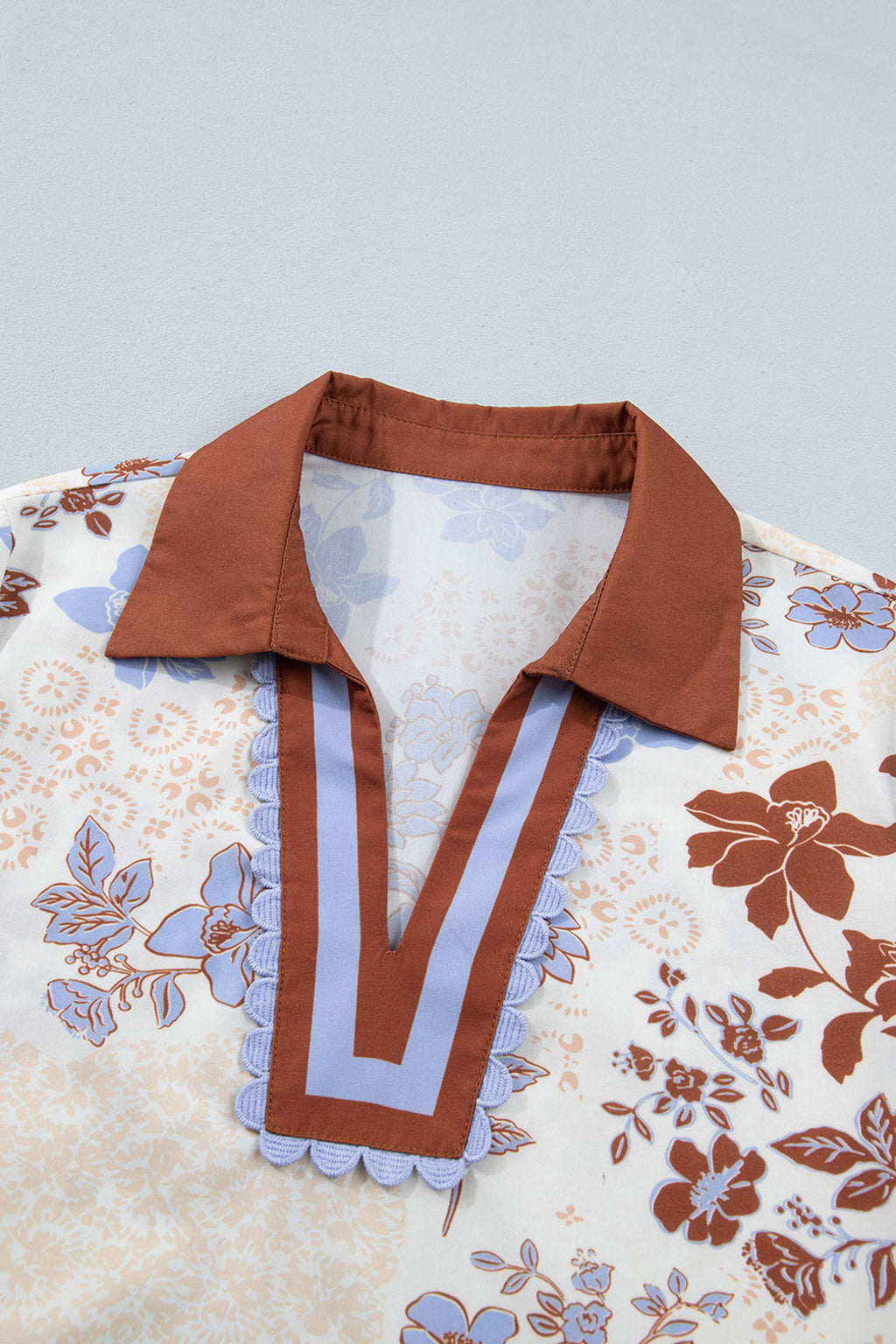 Blue & Brown Floral Collared Colorblock V Neck Long Sleeve Blouse