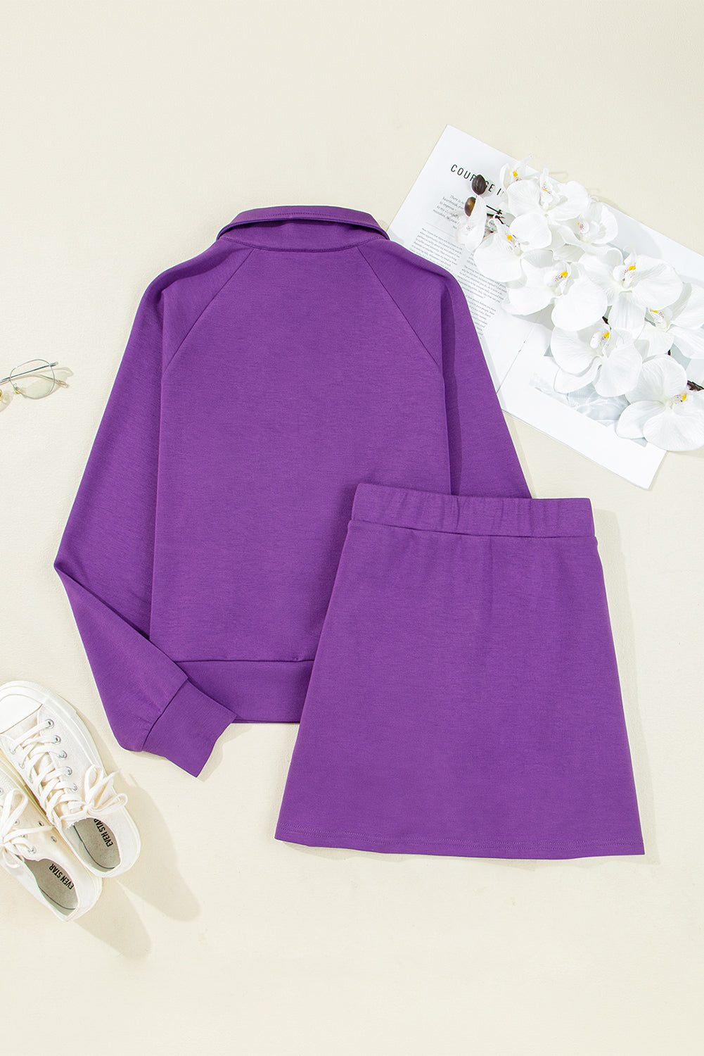 Wisteria Half Zip Sporty Pullover and Mini Skirt 2pc Outfit