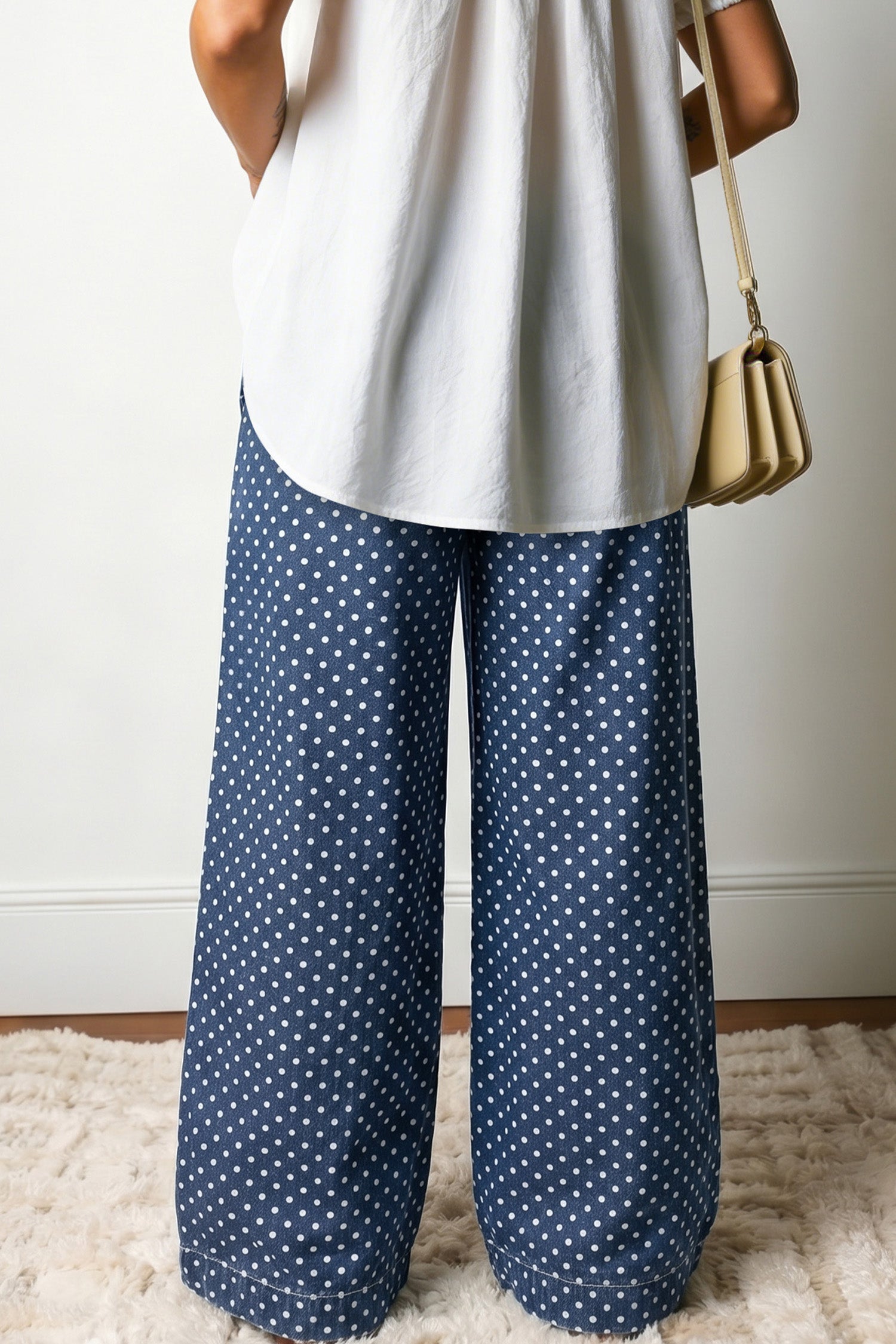 Sky Blue Polka Dot Print Button Pleated Detail Wide Leg Jeans Dear-Lover Dropshipping Bottoms/Jeans