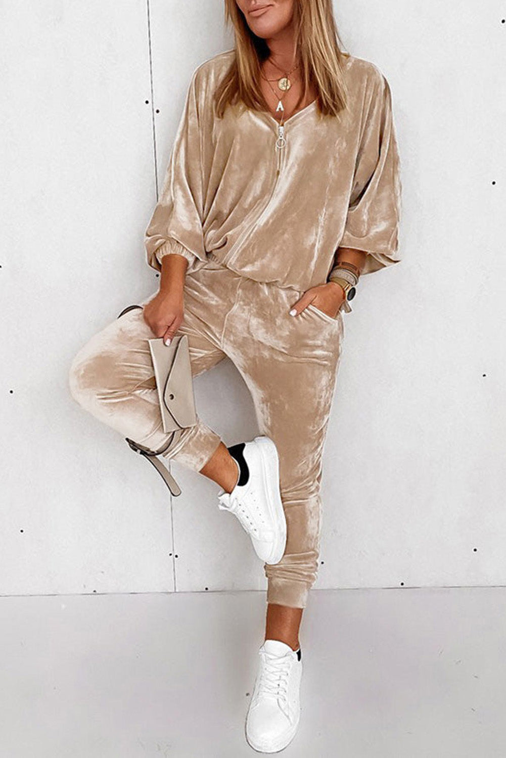 Beige Velvet Zipped Top and Joggers Two Piece Set