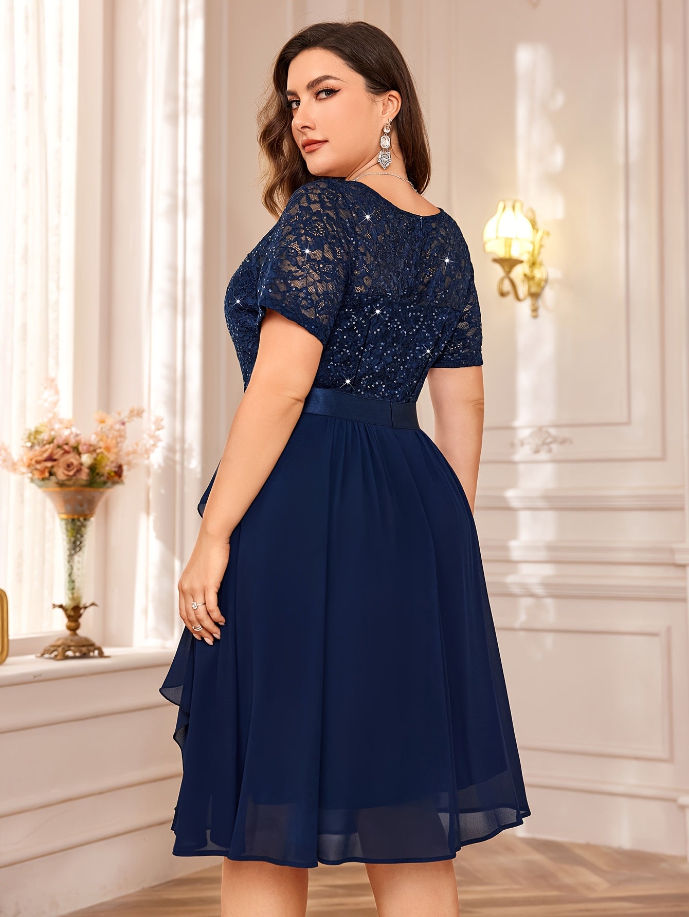 Sequin Lace V-Neck Short Sleeve Chiffon Ruffle Hem Dress