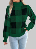 Plaid Long Sleeve Turtleneck Sweater Green Bazarre Mart Christmas Plaid Long Sleeve Turtleneck
