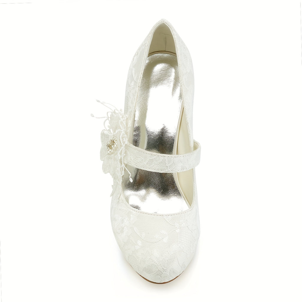 Ivory Lace Floral Mid Heel Bridal Shoes