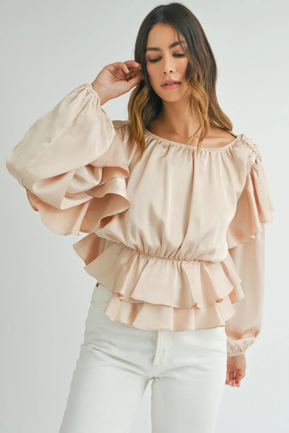 Oatmeal Ruffled Peplum Blouse Bazaare Mart Tops/Blouses & Shirts