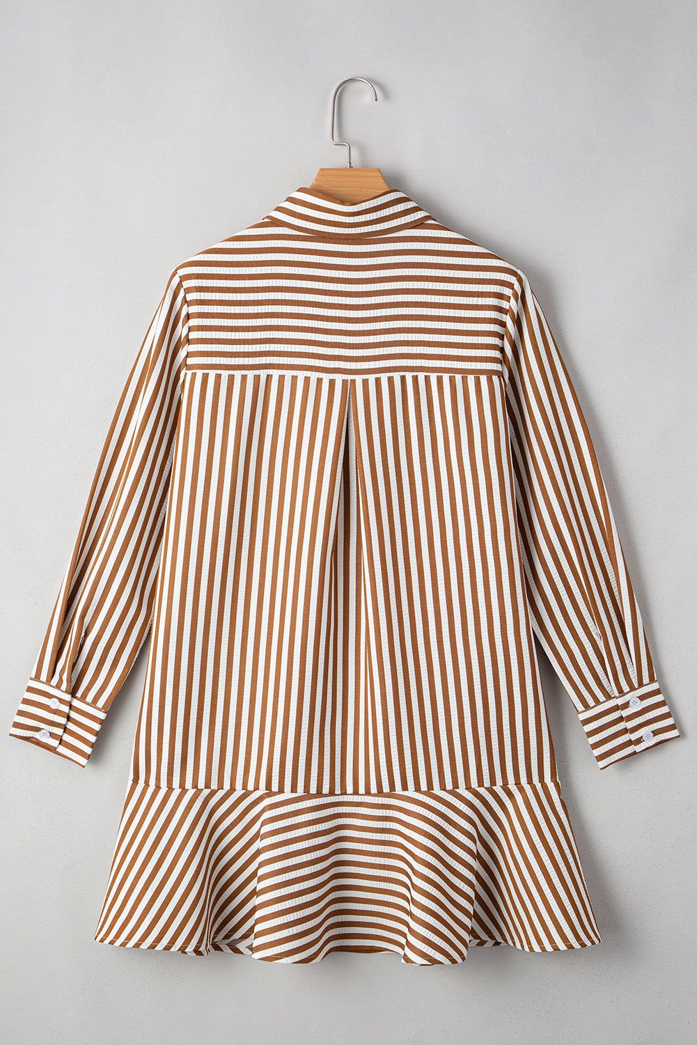 Brown Stripe Ruffle Hem Collared Long Sleeve Shirt Dress