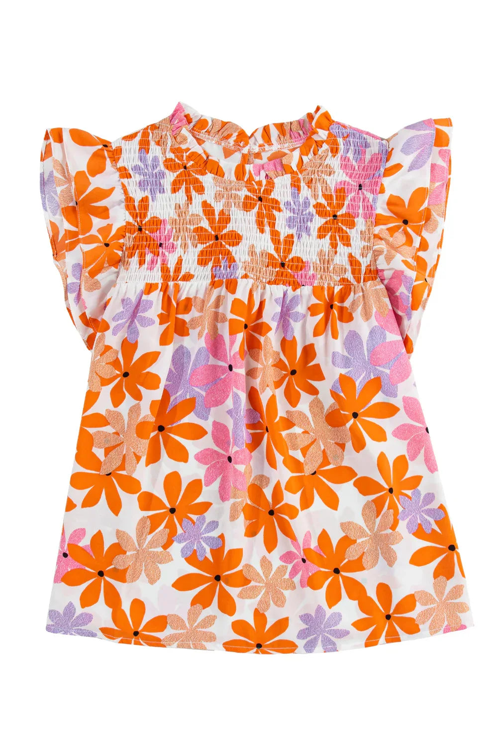 Orange Ruffled Sleeve Smocked Floral Top Bazaare Mart Tops