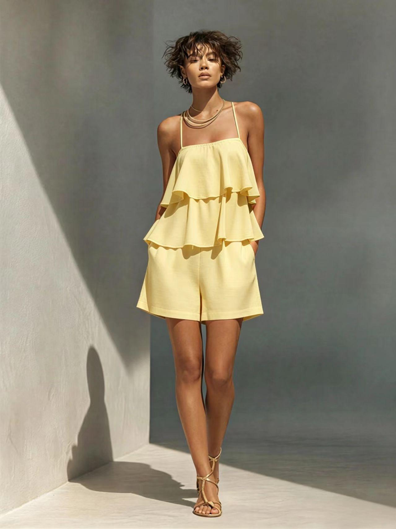 Women’s Ruffle Camisole & Shorts Two-Piece Set Yellow CJ Dropshipping Ruffled Camisol Shorts Set