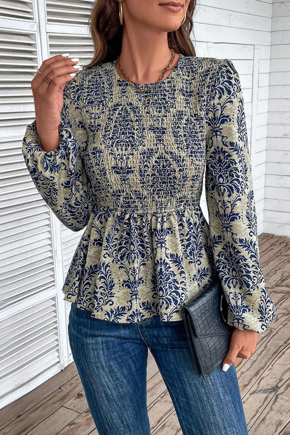 Blue Boho Smocked Peplum Blouse