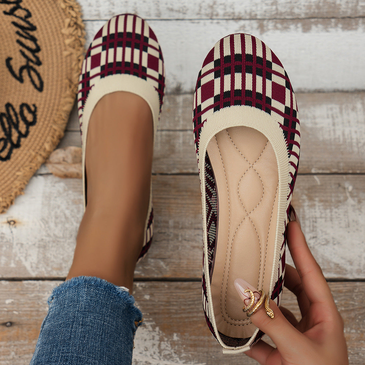 Plaid Mesh Round Toe Slip On Shoes