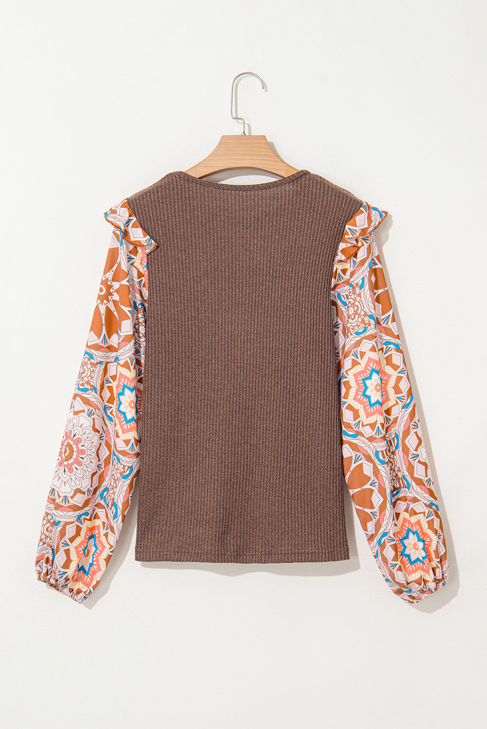 Long Floral Sleeve Patchwork Waffle Knit Top