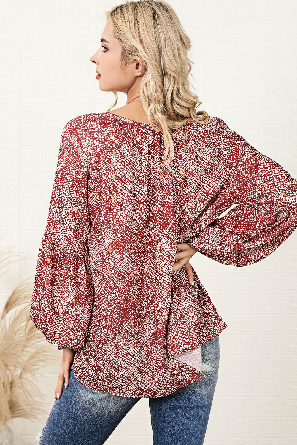 Red Lantern Sleeve Abstract Print Blouse