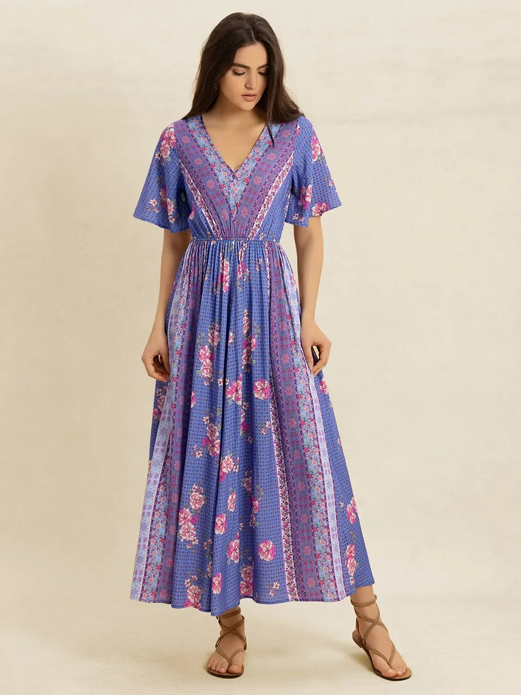 Printed Short Sleeve Midi Dress Blue Purple Bazarre Mart Purple Boho Midi Dress