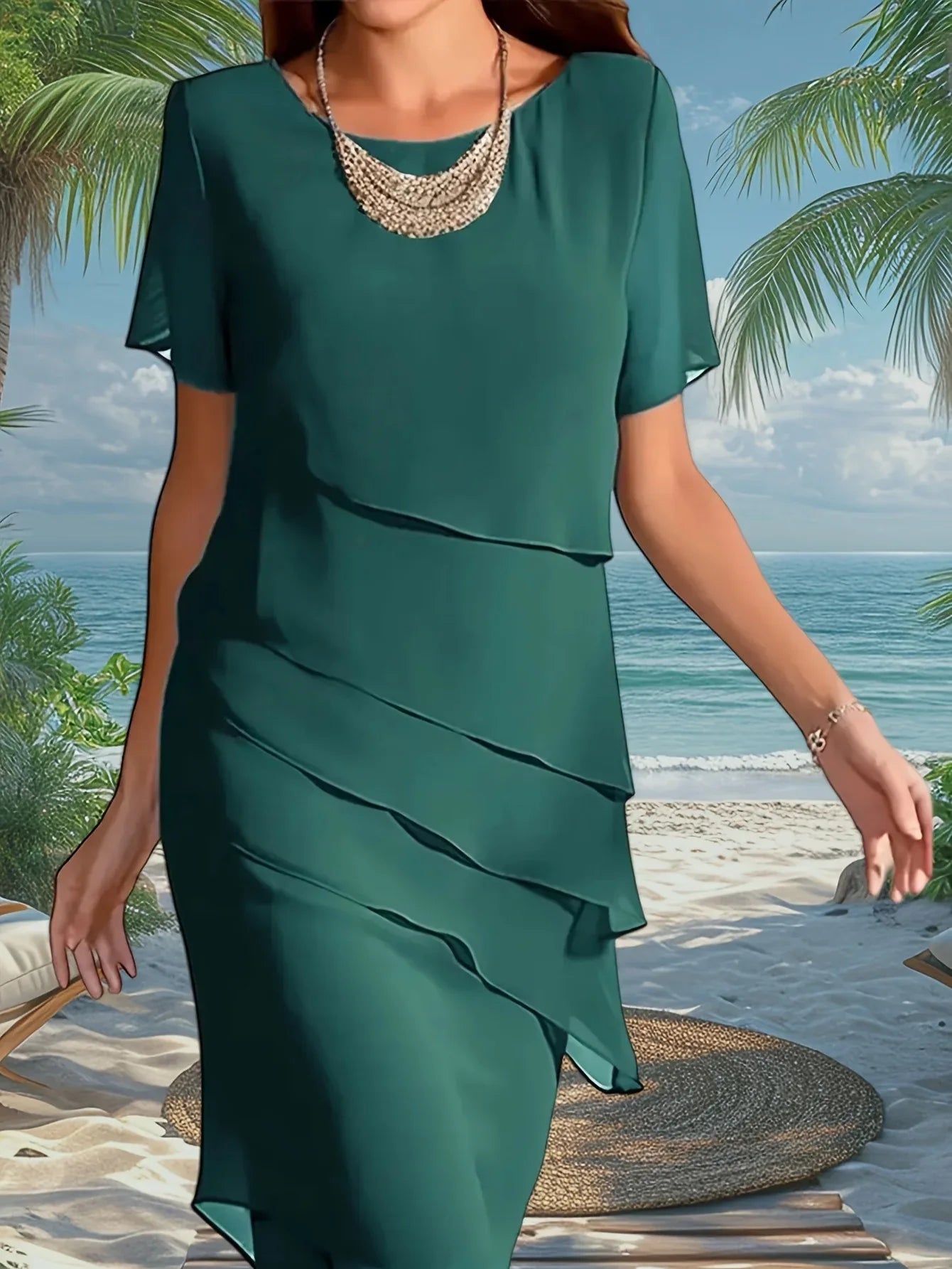 Round Neck Half Sleeve Layered Chiffon Dress Bazaare Mart Short Sleeve Dress