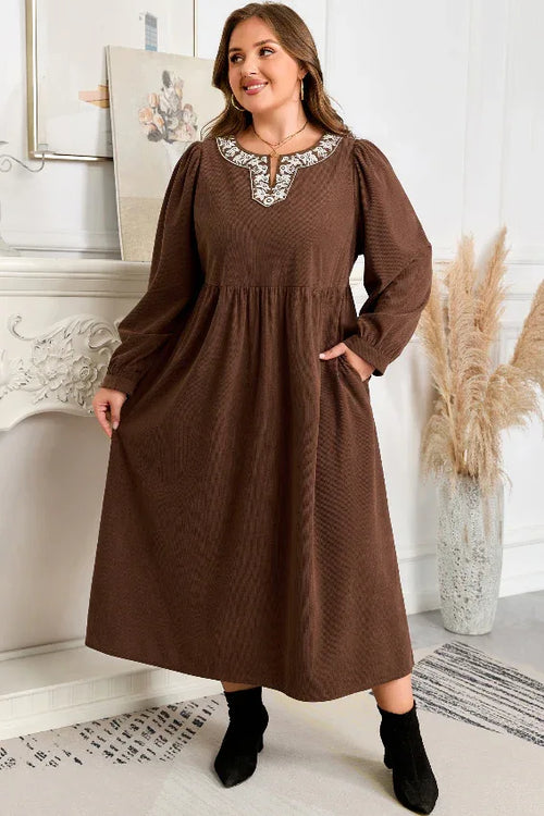 Coffee Embroidered Notched Neck Textured Midi Dress Bazaare Mart Plus Size/Plus Size Dresses/Plus Size Midi Dresses