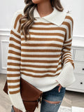 Striped Collared Neck Long Sleeve Sweater Caramel Bazaare Mart Striped Collared Neck Long Sleeve Sweater