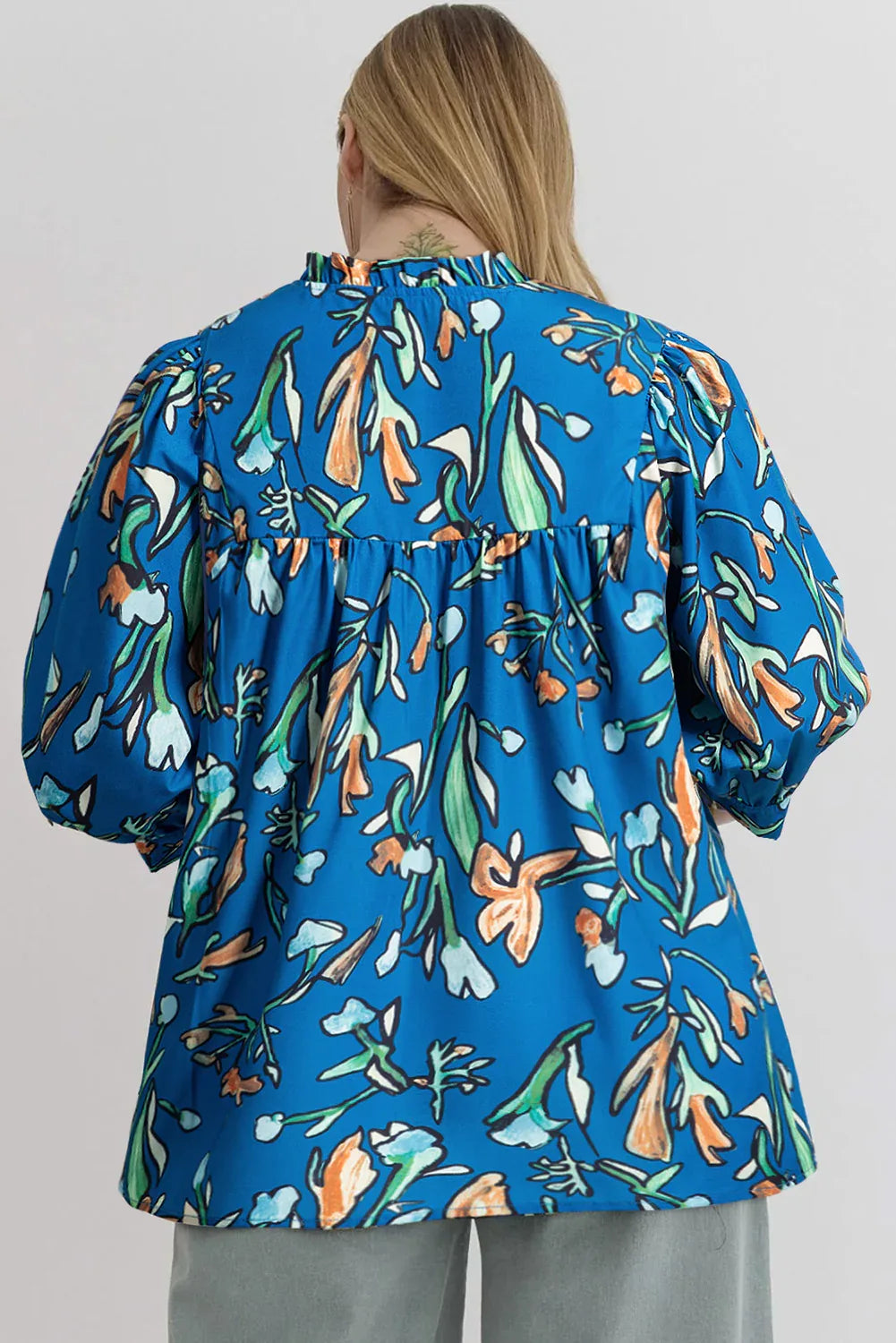 Blue Floral Notched V Neck Half Sleeve Blouse Bazaare Mart Plus Size/Plus Size Tops/Plus Size Blouses & Shirts