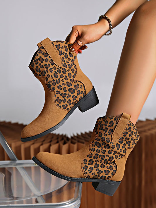 Caramel Leopard Suede Block Heel Boots