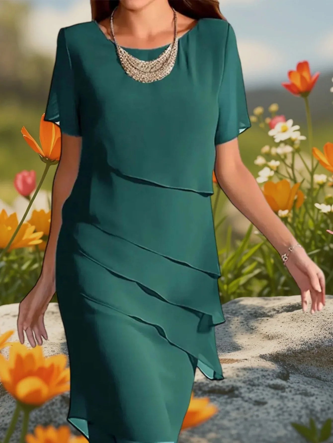 Round Neck Half Sleeve Layered Chiffon Dress Bazaare Mart Short Sleeve Dress