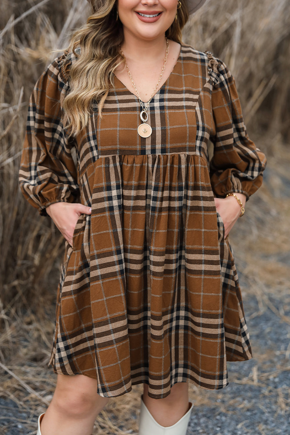 Brown Plaid Plus Size A Line Dress