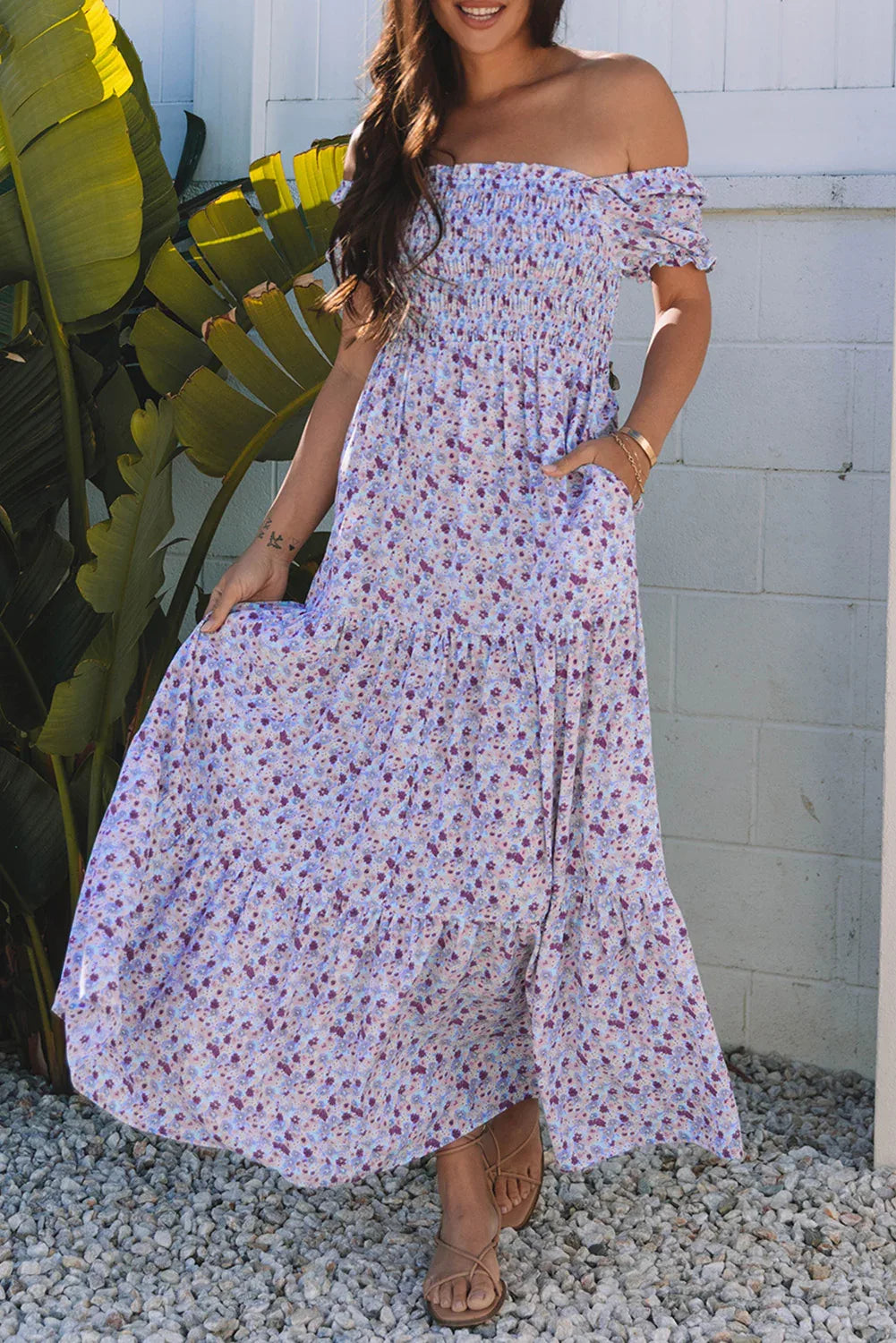 Purple Floral Short Bubble Sleeve Shirred High Waist Maxi Dress Bazaare Mart Dresses/Maxi Dresses