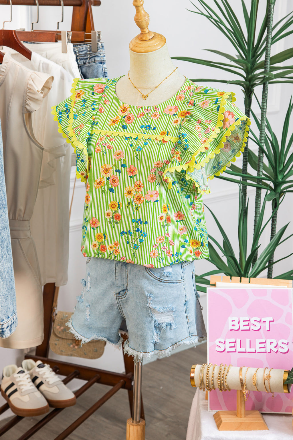 Green Stripe Floral Printed Scalloped Detail Flutter Short Sleeve Blouse