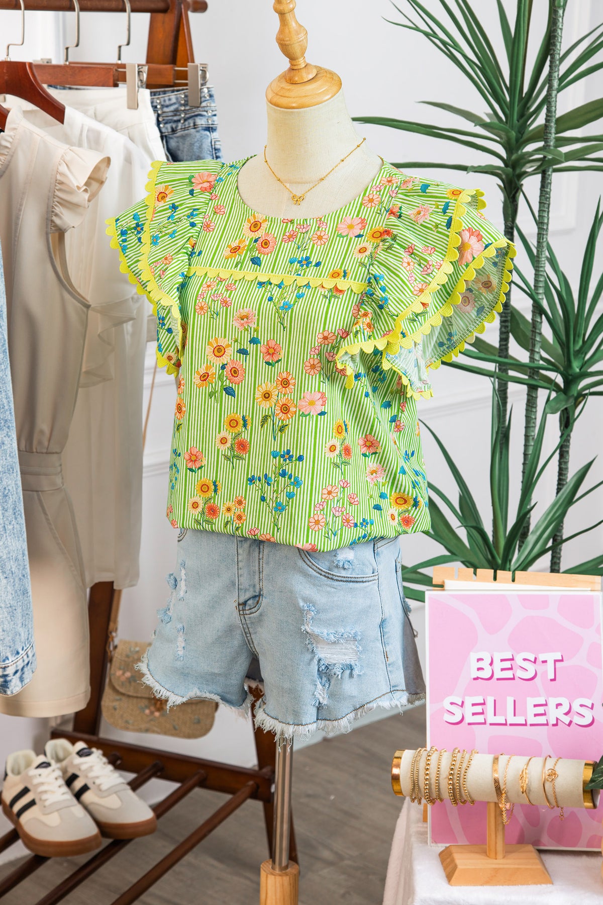 Green Stripe Floral Printed Scalloped Detail Flutter Short Sleeve Blouse