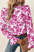 Rose Floral Print Flounce Sleeve Keyhole Back Blouse Rose 100%Polyester Bazaare Mart Tops/Blouses & Shirts