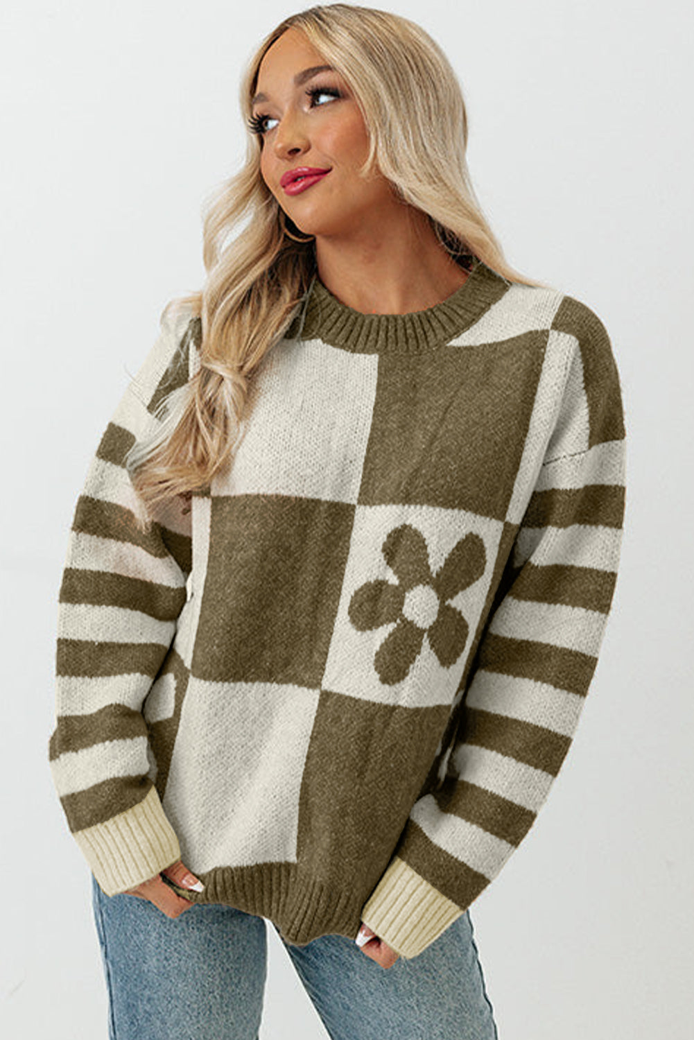 Checkered Floral Print Striped Sleeve Sweater