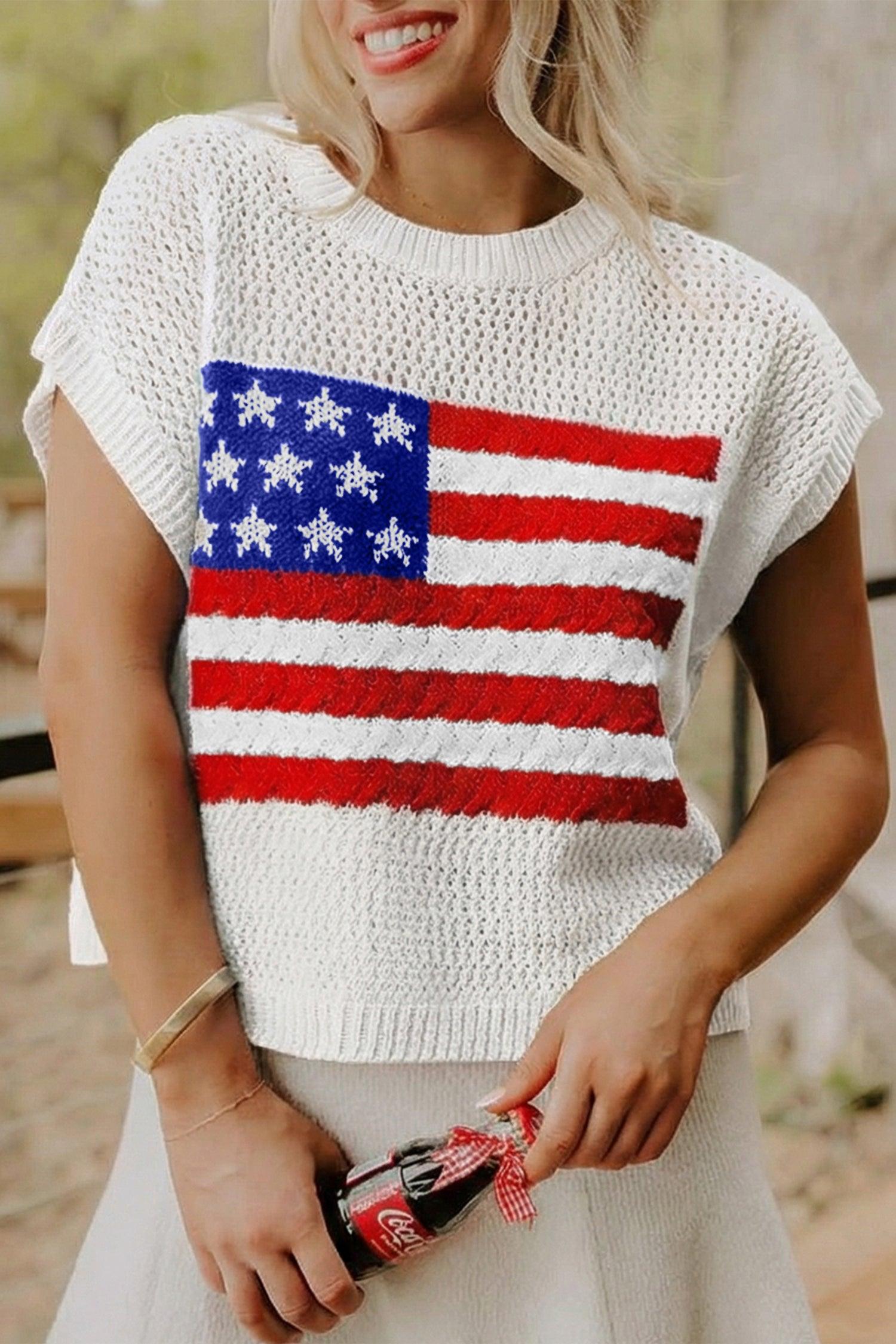 Fiery Red Flag Graphic Short Sleeve Sweater Top White 100%Acrylic Dear-Lover Dropshipping Sweaters & Cardigans/Short Sleeve Sweaters