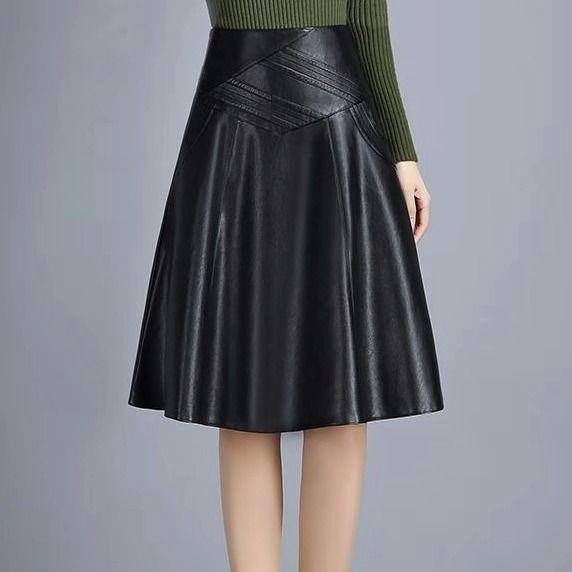 Black Knee-length High-waist pleated Leather Skirt