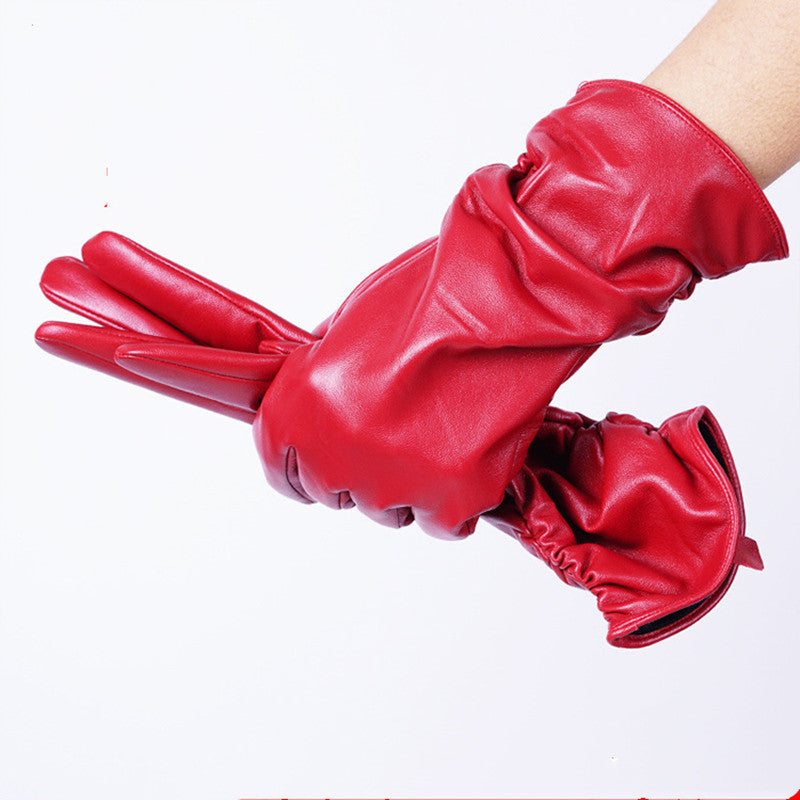 Women Winter Red Leather Gloves