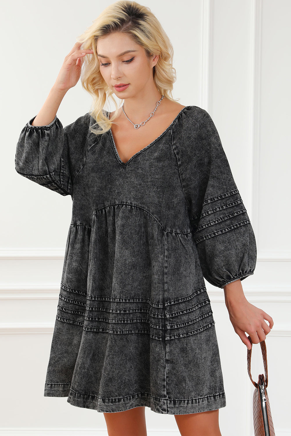 Black Pleated V Neck Puff Sleeve Denim Dress