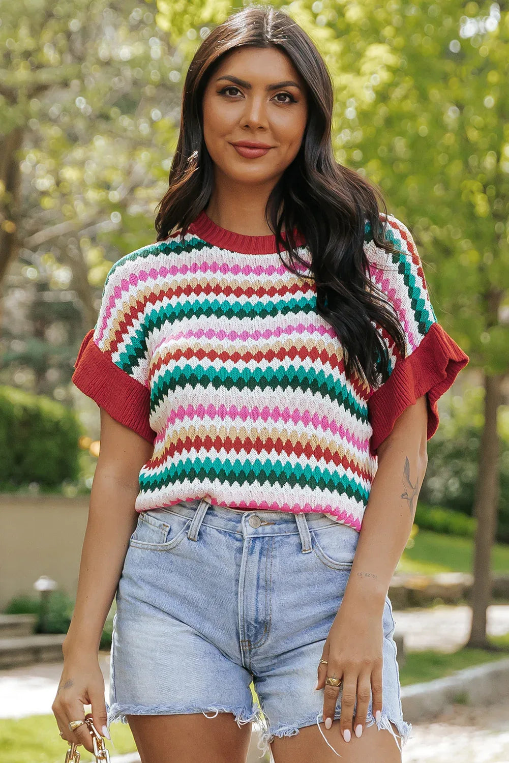 Fiery Red Trimmed Ruffle Sleeve Colorful Textured Sweater Dear-Lover Dropshipping Sweaters & Cardigans/Short Sleeve Sweaters