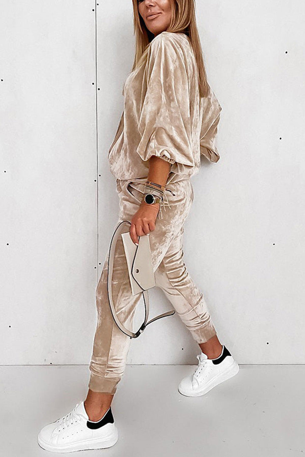 Beige Velvet Zipped Top and Joggers Two Piece Set