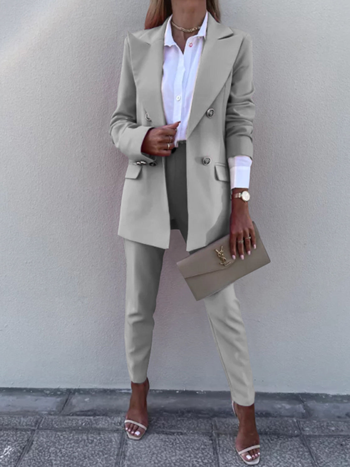 Beige Double Breasted Lapel Collar Pants Suit