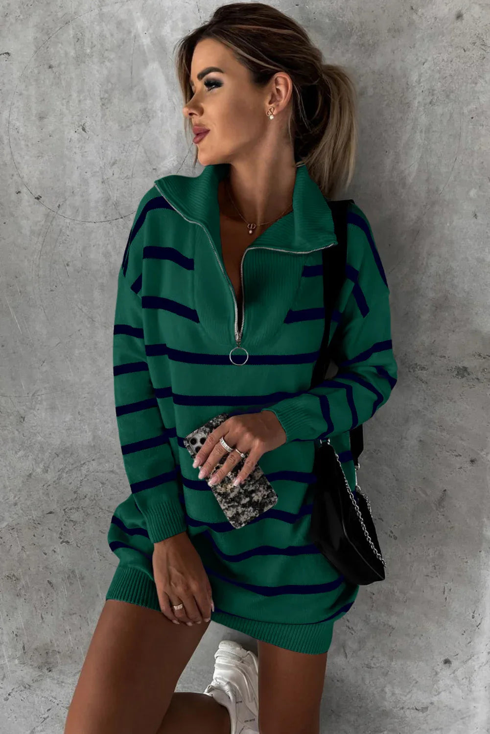 Green Striped Collared Loose Sweater Dress Bazaare Mart Sweaters & Cardigans/Sweater Dresses
