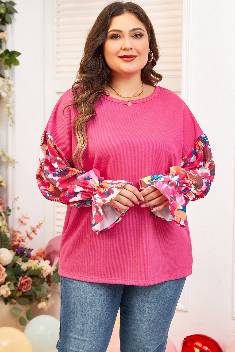 Bright Pink Floral Patchwork Flounce Sleeve Rib Knit Plus Top Dear-Lover Dropshipping Plus Size/Plus Size Tops/Plus Size Long Sleeve Tops