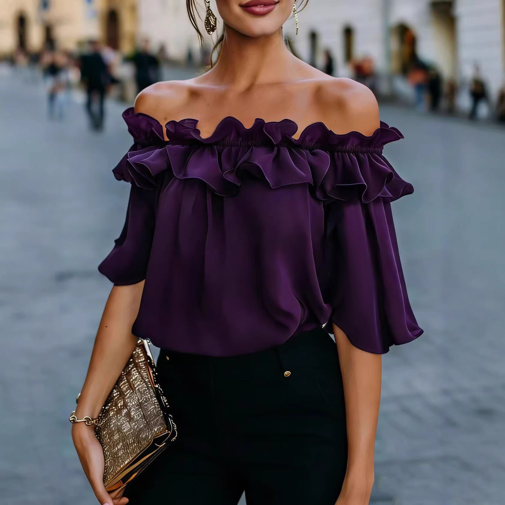 Women’s Ruffled Off-Shoulder Blouse – Loose Fit Elegant Short Sleeve Top CJ Dropshipping Off Shoulder Blouse